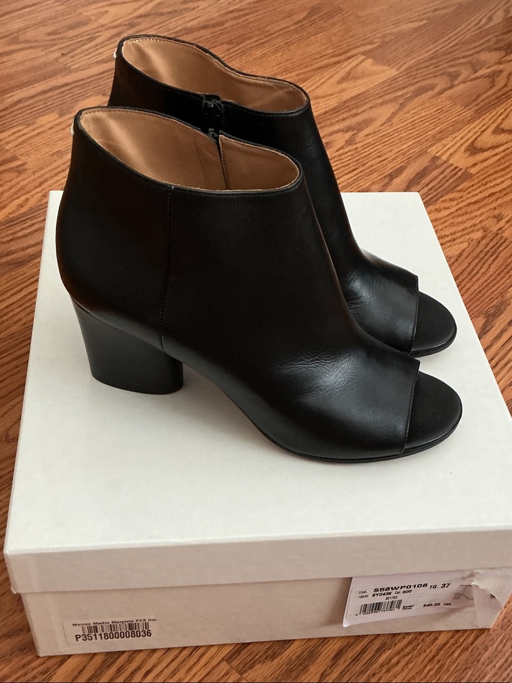 Maison Martin Margiela Black Leather Peep-Toe Ankle Booties with Block Heel